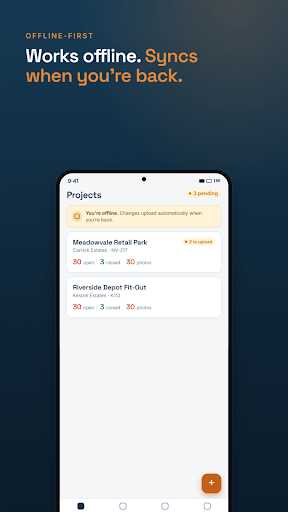 FieldRadar offline project screen showing pending sync status