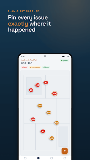FieldRadar plan view with site actions pinned to exact drawing locations